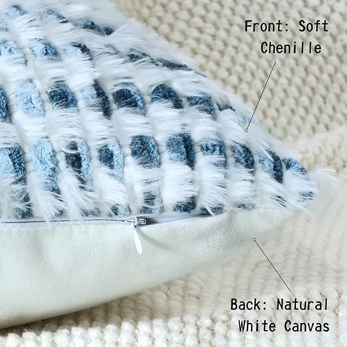 Boho Chenille Tufted Pillow Cover 18x18 Inch Set of 1, Farmhouse Striped Decorative Pillow Covers Accent Fluffy Neutral Square Pillowcases for Couch Sofa Bedroom Living Room, Blue White