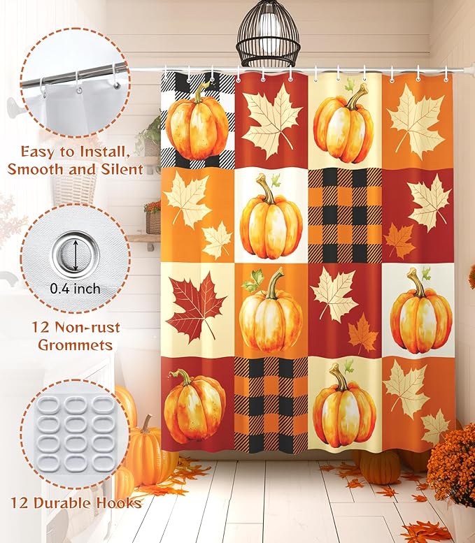 MAMUSE Fall Shower Curtain for Bathroom Stall Cute Decorative Waterproof Unique Design TeenWomen Cortinas de Baño Bathtub 72 x72 Inch, Plaid Pumpkins