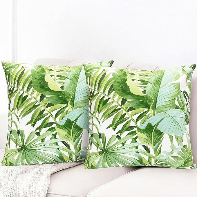 Decorative Throw Pillow Covers Set of 2 Green Leaves of Tropical Pillow Covers 18x18 inch Super Soft Short Plush Square Throw Pillows,Farmhouse Outdoor Pillow Covers for Couch Living Room