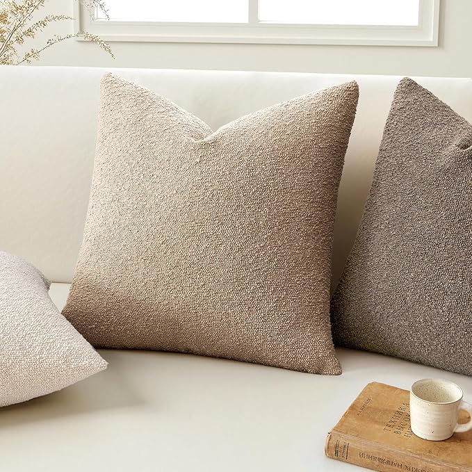 ANRODUO Pack of 2 Textured Boucle Throw Pillow Covers Soft Camel Euro Decorative Accent Solid Pillow Cases Cozy Modern Couch Cushion Case for Chair Sofa Bedroom Living Room Home Decor, 24 x 24 Inch