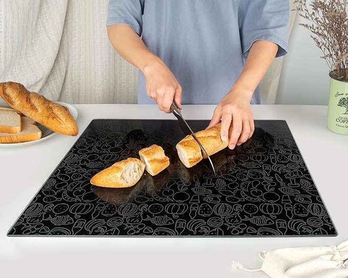 Glass Cutting Board 20”x16”: Tempered Glass Kitchen Counter Protector - Durable- Scratch-Resistant, Heat-Proof - Design 4 - Black Design
