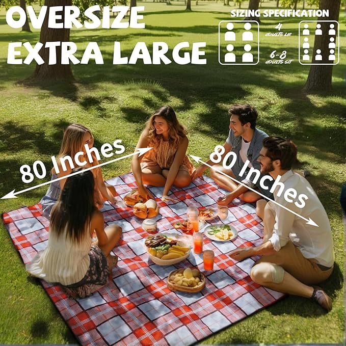Extra Large Picnic Blankets 80x80 Portable Oversized Waterproof Sandproof Outdoor Beach Blanket Camping Grass Mat Giant Overlanding Car Rv Essential Glamping Accessories Yard Rug Family Dad Day Gift