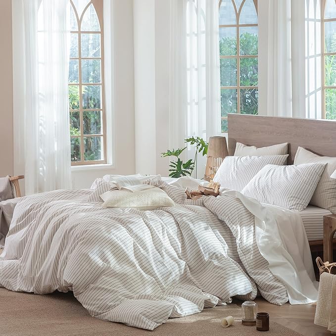 MooMee Striped Duvet Cover Set 100% Washed Cotton Linen Like Textured Breathable Durable Soft Comfy (White Orange Wide Stripes, Queen 90"x90")
