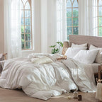 MooMee Striped Duvet Cover Set 100% Washed Cotton Linen Like Textured Breathable Durable Soft Comfy (White Orange Wide Stripes, Super Queen 90"x98")