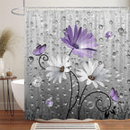 Rustic Farmhouse Purple Floral Shower Curtain, Farm Daisy Flowers and Butterfly Shower Curtain for Bathroom, Country Violet Gray Fabric Boho Shower Curtain Set with 12PCS Hooks, 47X64IN