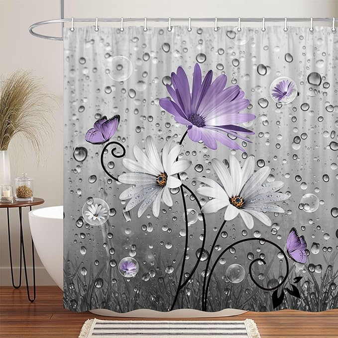 Rustic Farmhouse Purple Floral Shower Curtain, Farm Daisy Flowers and Butterfly Shower Curtain for Bathroom, Country Violet Gray Fabric Boho Shower Curtain Set with 12PCS Hooks, 47X64IN