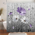 Rustic Farmhouse Purple Floral Shower Curtain, Farm Daisy Flowers and Butterfly Shower Curtain for Bathroom, Country Violet Gray Fabric Boho Shower Curtain Set with 12PCS Hooks, 70X70IN