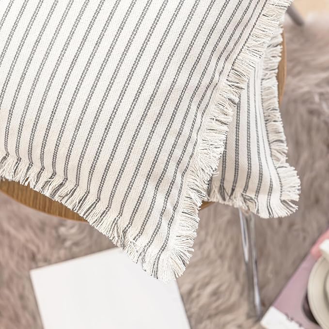 Throw Pillow Covers 18x18 Set of 2 Striped Fringe Pillow Cover Farmhouse Cushion Covers with Tassel Neutral Boho Pillows Decorative Square Pillowcase for Couch Sofa Bed, Grey