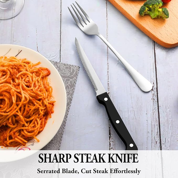 24 Pcs Silverware Set with Steak Knives Service for 4,Stainless Steel Flatware Set,Mirror Polished Cutlery Utensil Sets,Home Kitchen Eating Tableware Sets,Include Fork Knife Spoon,Dishwasher Safe
