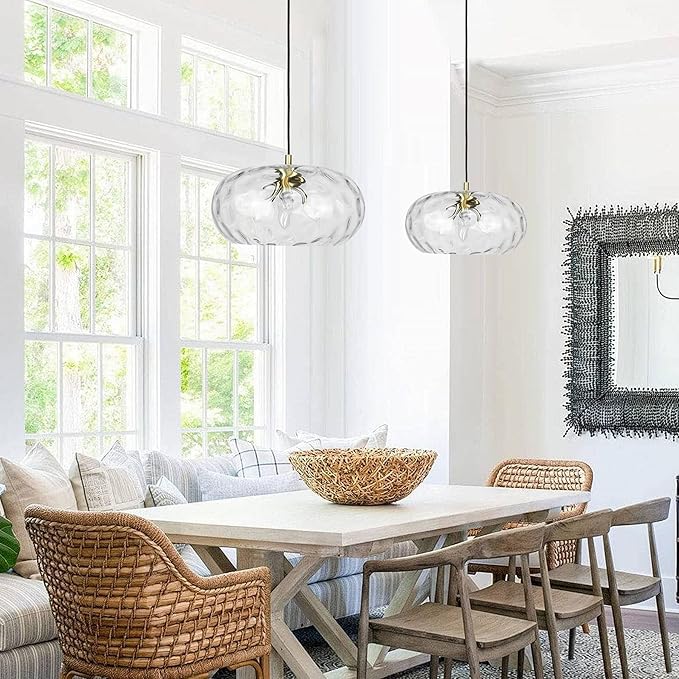 Large Glass Pendant Lighting, 14" Hammered Lampshade Hanging Lamp, 3-Light Brass Gold Chandelier for Dining Living Room Kitchen Island (Clear Glass Shade, 14 Inches)