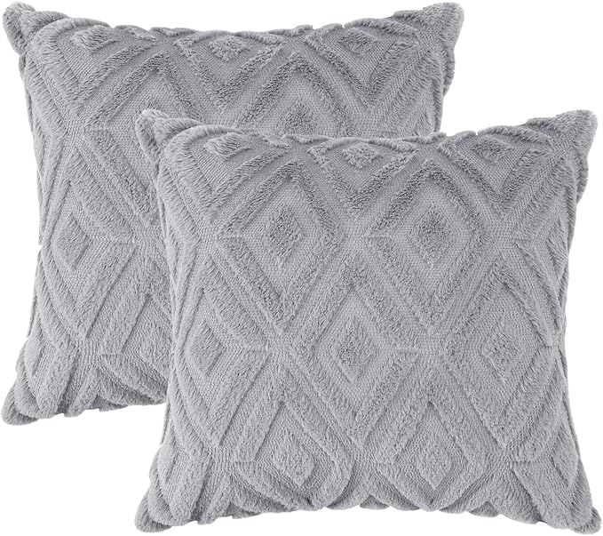 Pallene Grey Throw Pillow Covers 20x20 Set of 2, Soft Plush Faux Fur Decorative Couch Pillow Covers for Sofa Bed Living Room Pillow Cases with 3D Diamond Pattern