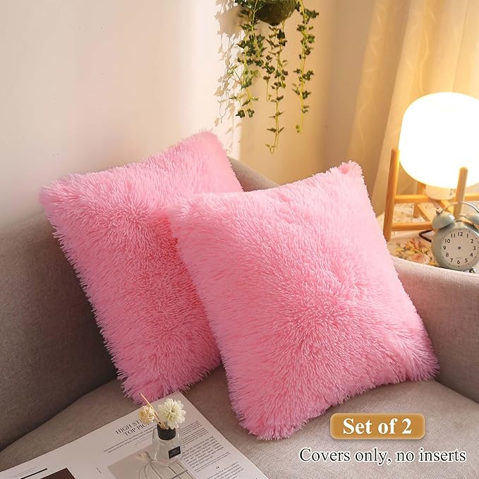 XeGe Cozy Faux Fur Throw Pillow Covers, Zippered Fluffy Cushion Covers, Shaggy Fuzzy Decorative Pillow Covers, Plush Furry Pillowcases Pack of 2 for Sofa Couch Home Decor (18''x18'', Light Pink)