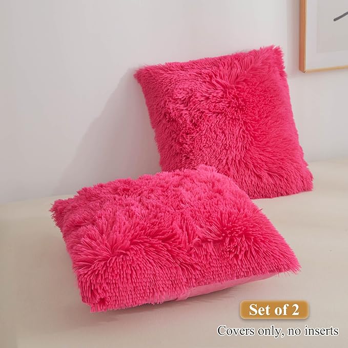 XeGe Faux Fur Throw Pillow Covers, Luxury Fluffy Plush Hot Pink Pillow Shams, Shaggy Furry Decorative Pillow Fuzzy Cushion Cover for Sofa Bed Couch, Zipper Closure, Pack of 2(18''x18'', Hot Pink)