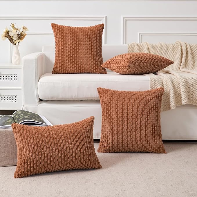 Kevin Textile Fall Decorative Pillow Covers Set of 2 Striped Plush Corduroy Pillows Pillowcases Boho Home Decor Cushion Covers for Couch Sofa Bed Living Room 18x18 Inch, Burnt Orange