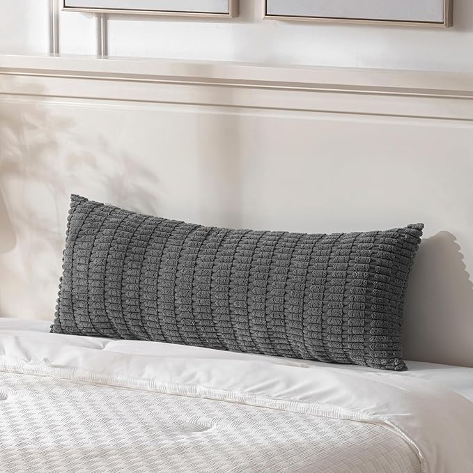 Fancy Homi Dark Grey Long Body Lumbar Decorative Throw Pillow Covers 20x54 Inch for Bed Couch Bedroom Bench, Soft Corduroy Rectangle Solid Pillow Case, Rustic Farmhouse Boho Room Decor