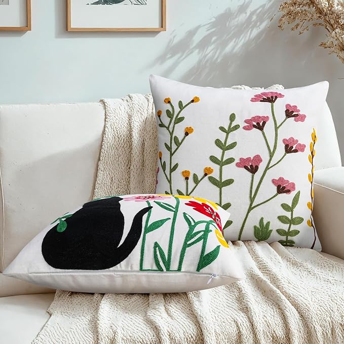 Adabana Neutral Decorative Floral Pillow Covers 18x18 Inch Boho Embroidered Throw Pillow Cover Square Farmhouse Couch Cushion Cases for Bed Sofa Bedrrom Living Room Decor,Black Cat