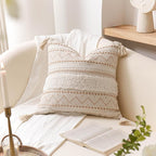 BlissBlush Decorative Throw Pillow Cover 18x18 Square Cream Neutral White Boho Accent Pillowcase Tassels Farmhouse Cushion for Couch Sofa Bedroom Living Room Home Décor (Cover ONLY, Pack of 1)