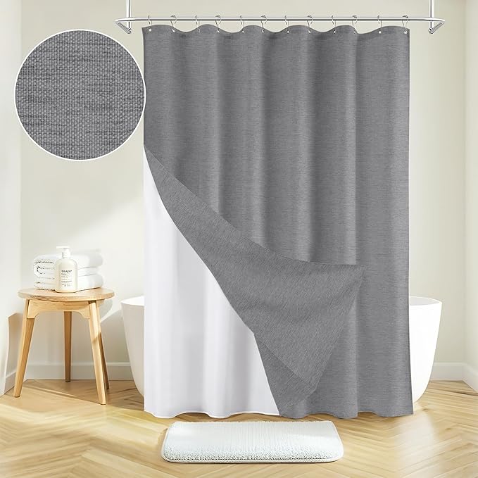 Inhousolu Boho Farmhouse Shower Curtain with Fabric Liner Set, Faux Linen Textured, 14 Metal Hooks Luxury Weighted Hem, Washable Wrinkle Free Bath Curtain for Hotel Bathroom 72" W x 96" L Grey