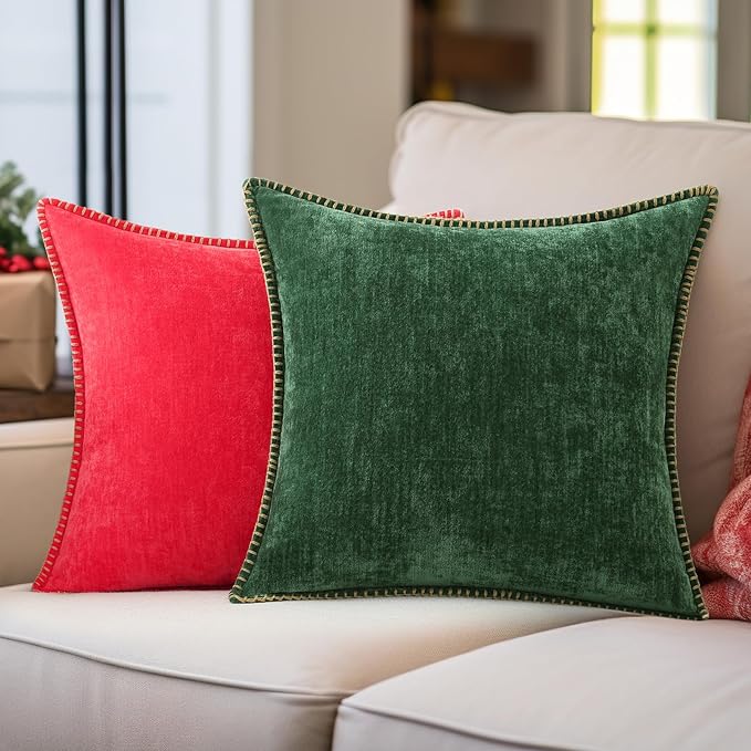 decorUhome Christmas Chenille Soft Throw Pillow Covers 26x26 Set of 2, Farmhouse Velvet Neutral Decorative Euro Pillow Covers with Stitched Edge for Couch Sofa Bed Home Decor, Christmas Red