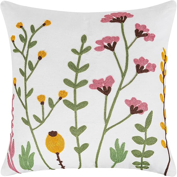Adabana Neutral Decorative Floral Pillow Covers 18x18 Inch Boho Embroidered Throw Pillow Cover Farmhouse Couch Cushion Cases for Bed Sofa Bedrrom Living Room Decor,Spring Green
