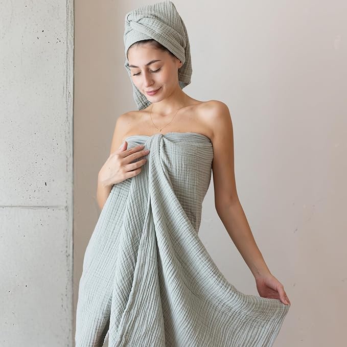 Ultra Soft Muslin Towel Adult Set, 100% Turkish Cotton 4-Layer 2 Pieces Luxury Muslin Hand & Bath Towels Sets for Bathroom (Sage Green, 1 Bath & 1 Hand Towel Set)