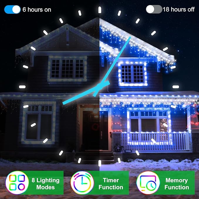 648 LED 66FT Christmas Lights 144 Drops, Outdoor Hanging light with 8 Modes & Timer, Plug in Curtain String Light Outdoor Waterproof for Holiday Wedding Party House Tree Outside Decor (Blue & White)