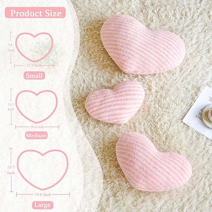 Pink Heart Pillows, 15.7" Cute Heart Decorative Pillow, Stripe Heart Shaped Plush Throw Pillows for Bed