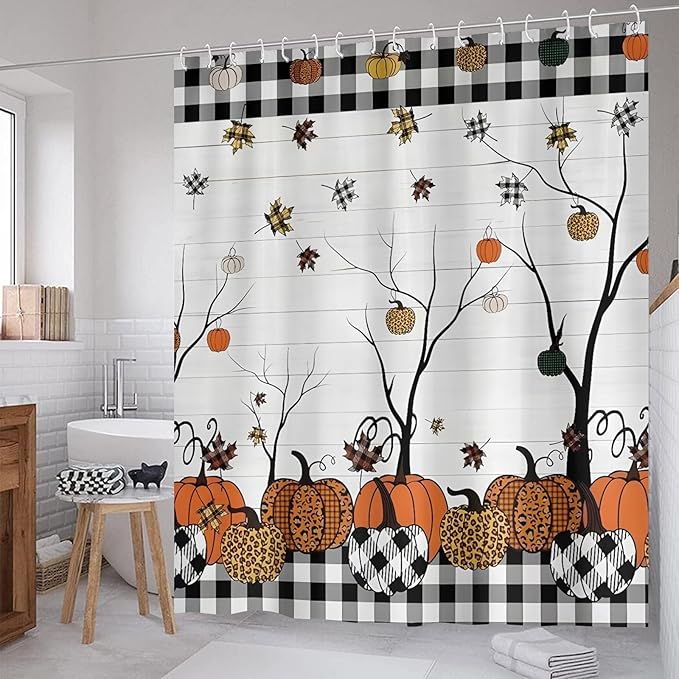 Fall Plaid Pumpkin Shower Curtain Farmhouse Buffalo Plaid Autumn Maple Leaves Thanksgiving Bathroom Curtains Waterproof Polyester Fabric Bath Curtain 72 x 72 Inch with 12 Hooks