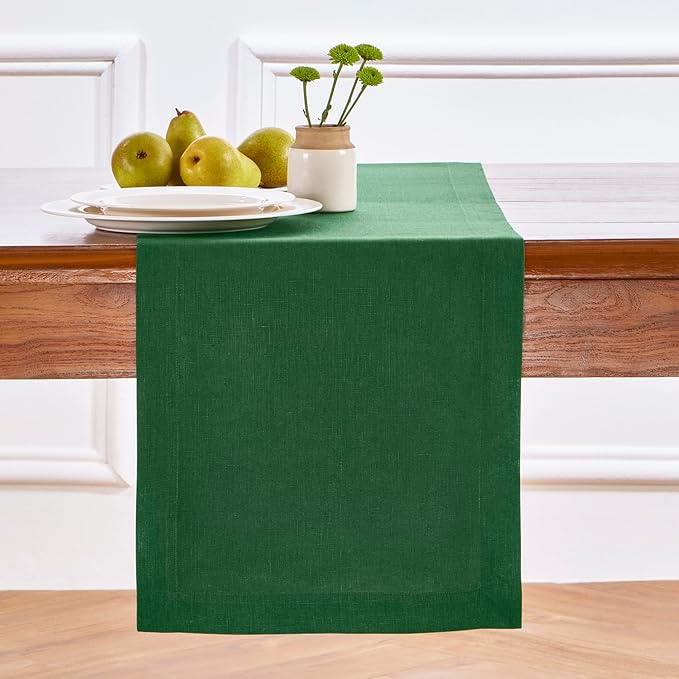 Solino Home Linen Pine Green Table Runner 120 Inches Long - 100% Pure Linen 14 x 120 Inch Table Runner for Fall, Autumn, Thanksgiving, Christmas - Fete