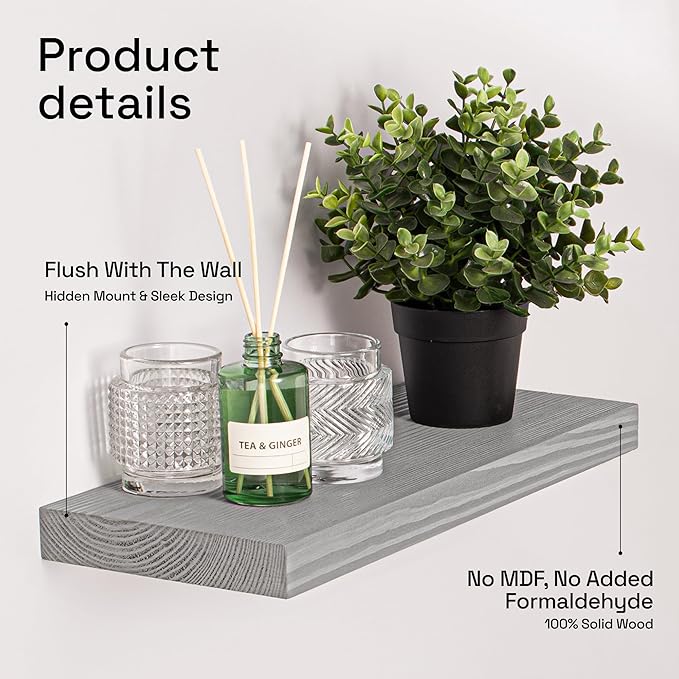 BAOBAB WORKSHOP Wood Floating Shelves for Wall - Rustic Shelf 16 inch - Grey Bathroom Shelves - Solid Wood Shelves for Wall for Bedroom Kitchen Living Room - Gray Finish, 16″ W × 6.7″ D, Set of 2