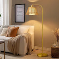 Oneach Arc Floor Lamp for Living Room,Rattan Boho Floor Lamp with Hand-Woven Wicker & Fabric Shade, Foot Switch,Gold Metal Base & Pole,Farmhouse Standing Lamp for Bedroom Corner,Office,Reading