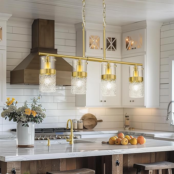 LMS 4-Light Brushed Gold Island Chandelier Lights for Kitchen, Mid Century Pendant Light with Hammered Glass Shade, Farmhouse Dining Room Light Fixture, Kitchen Island, LMS-171GD-4