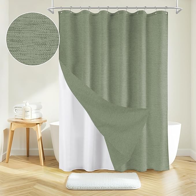 Inhousolu Boho Farmhouse Shower Curtain with Fabric Liner Set, Faux Linen Textured, 14 Metal Hooks Luxury Weighted Hem, Washable Wrinkle Free Bath Curtain for Hotel Bathroom 72" W x 72" L Sage Green