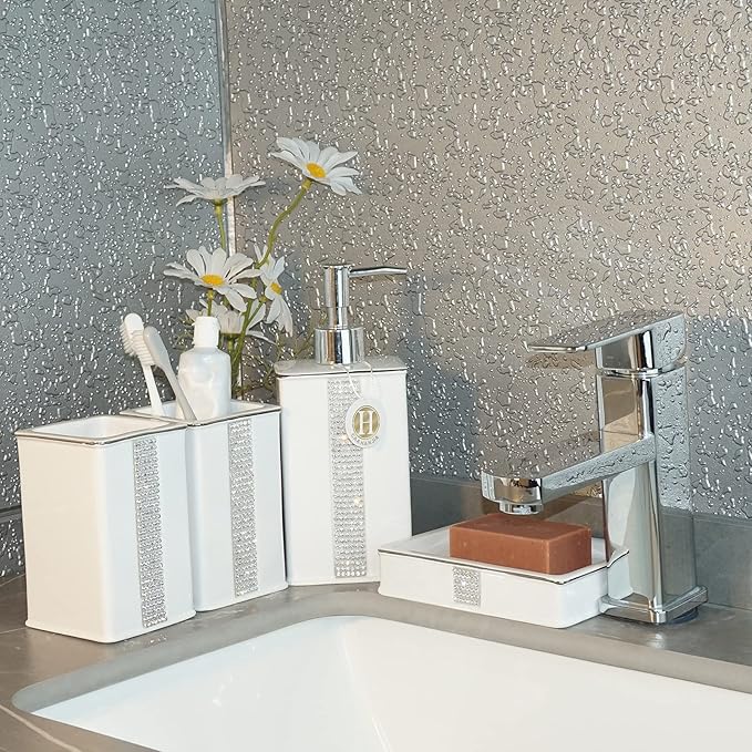 Bathroom Accessories Set 4 Pcs-Ceramic Gift Set Soap Dispenser Pump & Toothbrush Holder & Tumbler Cup & Soap Dish - Bathroom Home Decor Clearance, Countertop Vanity Organize(12 Ounce White)