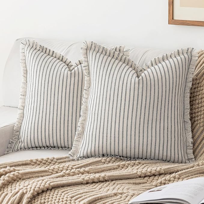 Throw Pillow Covers 18x18 Set of 2 Striped Fringe Pillow Cover Farmhouse Cushion Covers with Tassel Neutral Boho Pillows Decorative Square Pillowcase for Couch Sofa Bed, Grey