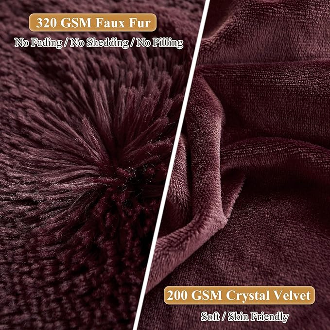 XeGe Faux Fur Throw Pillow Covers, Shaggy Fluffy Cushion Covers, Plush Furry Pillow Cases, Fuzzy Decorative Pillow Shams with Zipper Set of 2 for Sofa Bed Couch Living Room (18''x18'', Burgundy)