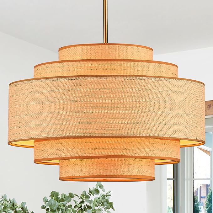 Farmhouse 19.7" Drum Rattan Chandelier 4-Lights Vintage Boho Rattan Chandelier Retro Vintage Bamboo Drum Chandeliers for Dining Room, Kitchen Island, Living Room, Bedroom