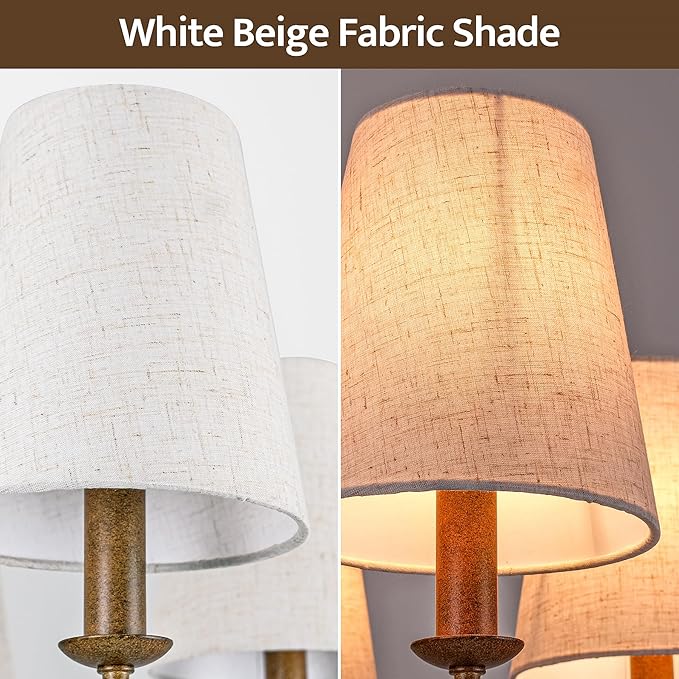 Chandelier, Retro Antique Brown with White Beige Fabric Shade, 6-Light 28" Country Rustic Farmhouse Linear Pendant Lighting Fixture for Kitchen Island Dining Living Room Bedroom