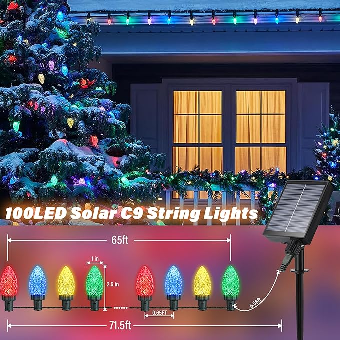 iBaycon Solar C9 Christmas Lights Outdoor, 65FT 100LED C9 Strawberry String Light, 8 Modes Solar Powered Lights String for Xmas Tree House Eaves Roof Christmas Holiday Decorations
