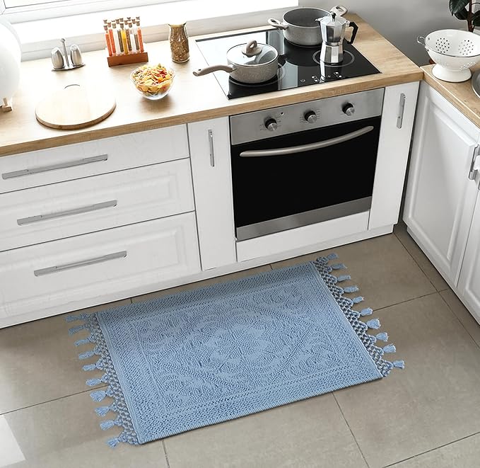 Savi Home Cotton Woven Jacquard Bathroom Rug, Woven Fringe Bathroom Mats, 100% Cotton, Non - Slip Bath Mat, Durable Thick Bath Mat 17”x30” with Fringes, Sky Blue