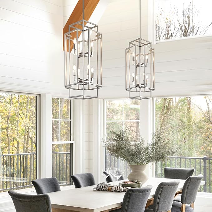 Sliver Foyer Chandelier High Ceiling: Modern 8-Light Farmhouse Lantern Chandeliers for Entryway Industrial Large Pendant Light Fixtures for Entry Staircase Hallway Dining Room Kitchen Island