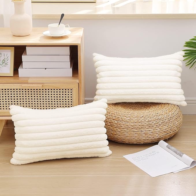 Pallene Faux Fur Plush Lumbar Christmas Throw Pillow Covers 12x20 Set of 2, Luxury Soft Fluffy Striped Decorative Pillow Covers for Sofa, Couch, Living Room, Cream White