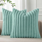 Pallene Faux Fur Plush Throw Pillow Covers 18x18 Set of 2, Luxury Soft Fluffy Striped Decorative Pillow Covers for Sofa, Couch, Living Room, Aqua