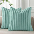 Pallene Faux Fur Plush Throw Pillow Covers 16x16 Set of 2, Luxury Soft Fluffy Striped Decorative Pillow Covers for Sofa, Couch, Living Room, Aqua