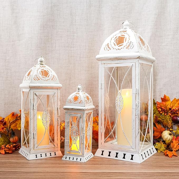TRIROCKS Set of 3 Large Decorative Candle Lanterns 22''&16"&11" H Vintage Candle Holders for Garden Yard Patio Wedding Parties Events Christmas Indoors Outdoors(Beige with Gold Brush)