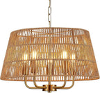 19.7" Boho Rattan Chandelier Vintage Farmhouse 5-Lights Hand-Woven Bamboo Golden Chandelier Light Fixture Retro Drum Wicker Gold Chandeliers for Dining Room, Kitchen, Living Room, E12