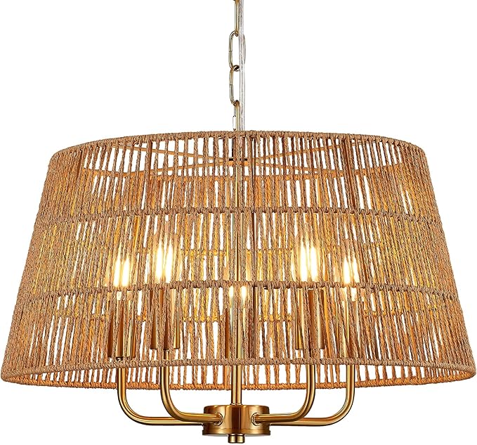 19.7" Boho Rattan Chandelier Vintage Farmhouse 5-Lights Hand-Woven Bamboo Golden Chandelier Light Fixture Retro Drum Wicker Gold Chandeliers for Dining Room, Kitchen, Living Room, E12