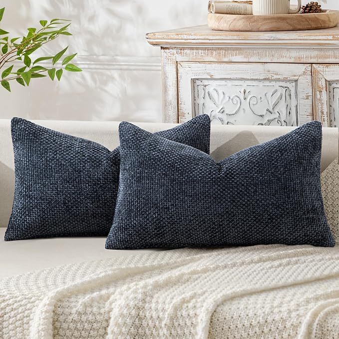 MIULEE Pack of 2 Lumbar Couch Throw Pillow Covers 20x12 Inch Coastal Navy Blue Modern Boho Accent Decorative Pillow Covers Soft Chenille Farmhouse Cushion Covers for Home Decor Bed Sofa Living Room
