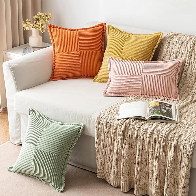 MIULEE Orange Fall Corduroy Decorative Euro Sham Pillow Covers 24x24 Inch with Splicing Set of 2 Soft Boho Pillow Covers Broadside Textured Summer Pillowcases for Couch Bed Livingroom