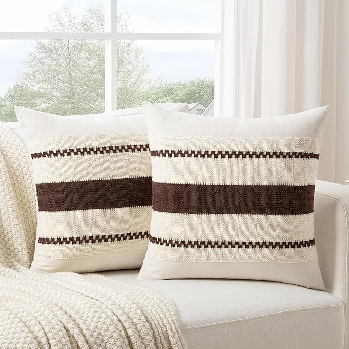 Fancy Homi Set of 2 Boho Brown Decorative Throw Pillow Cover 18x18 Inch for Couch Bed Sofa, Aesthetic Modern Organic Farmhouse Home Decor, Soft Cotton Cute Accent Macrame Woven Cushion Case